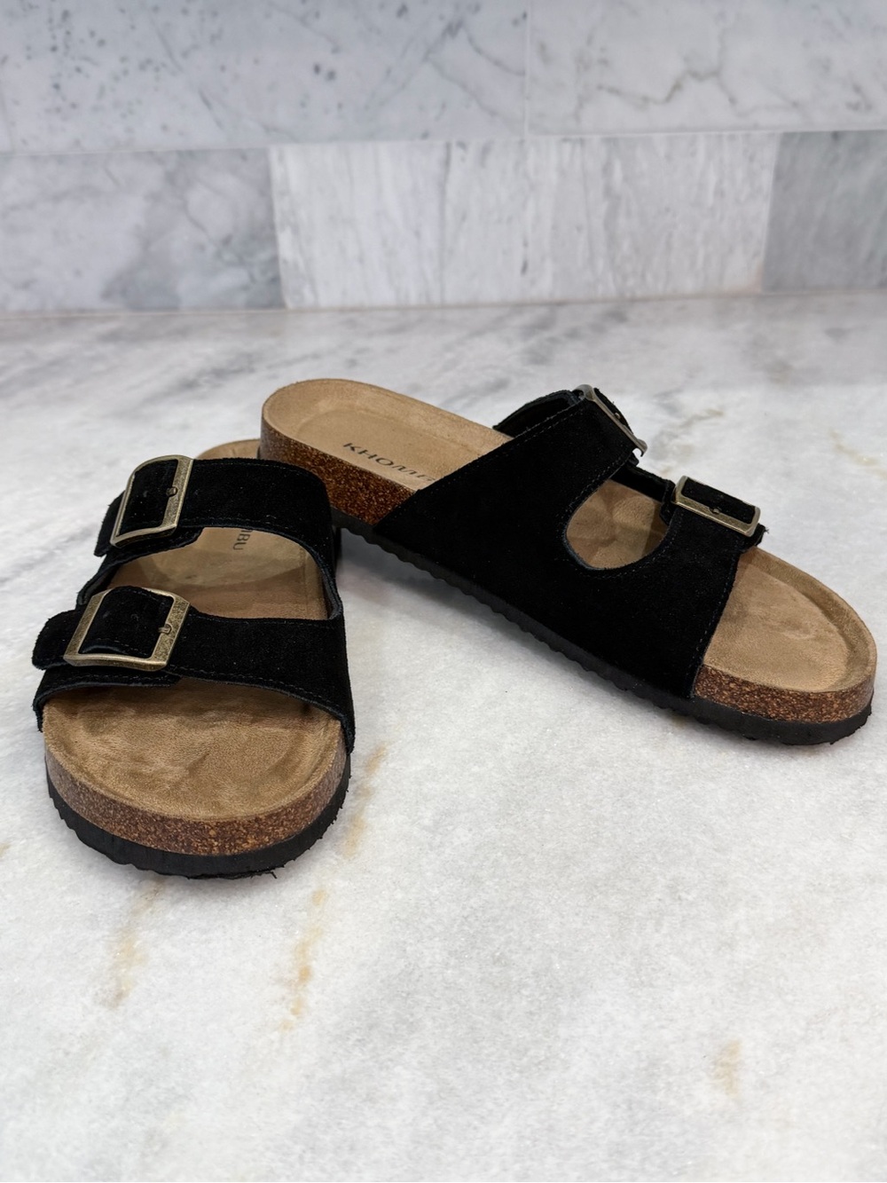 KHOMBU Women’s Black Suede Double Buckle Slide Sandals Size 7 - Picture 4 of 9